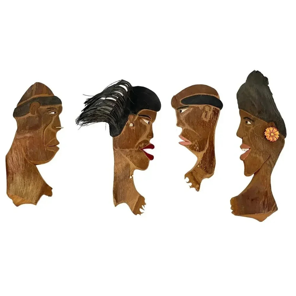 VTG Lot of 4 African Hand Carved‎ Wood Head Profile Faces Wall Art Plaque Unique